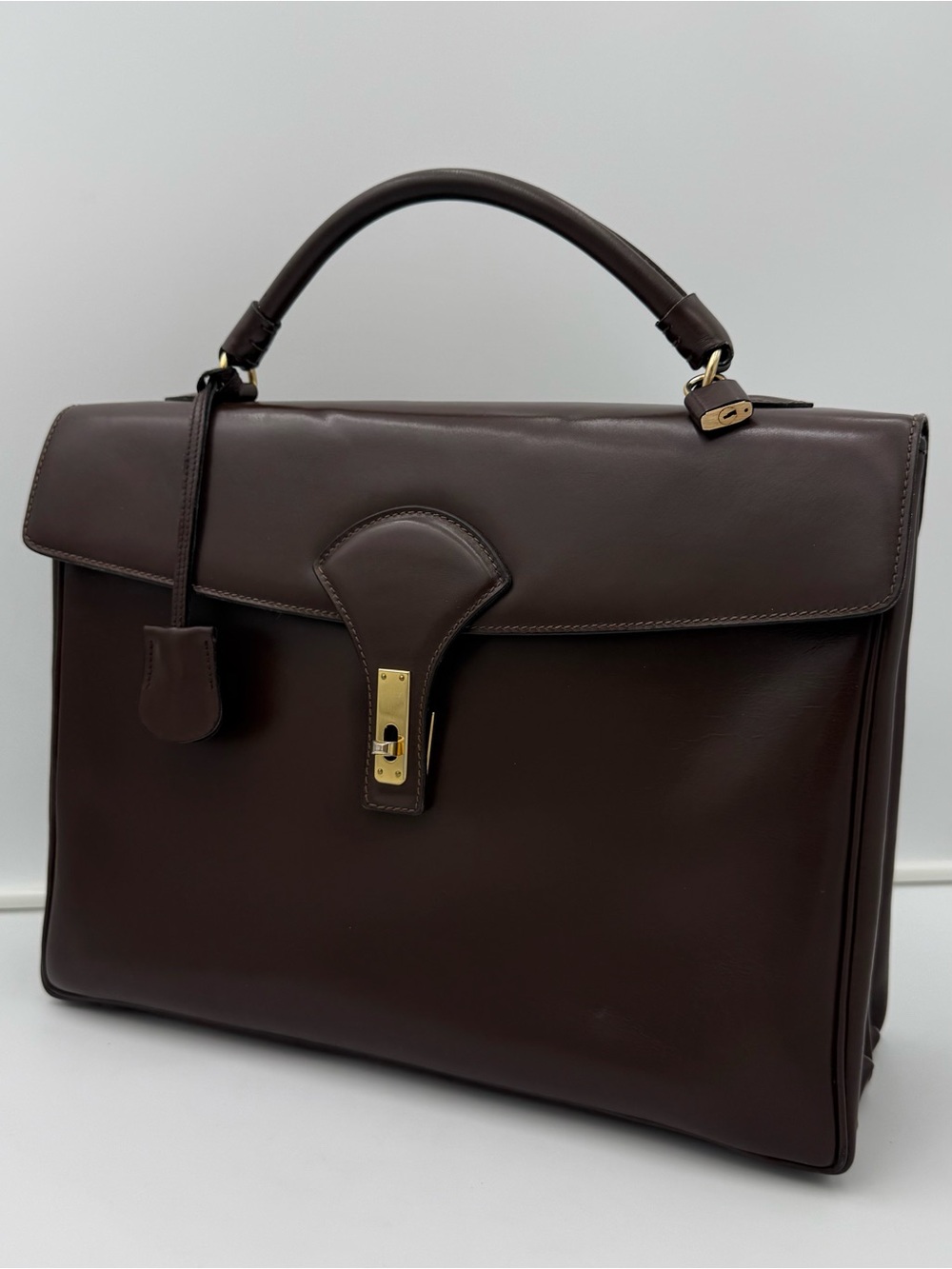 🇮🇹COLOMBO 1937 MILANO • Unisex Brown Box Calf 38 Bag (Kelly Sac à Dépêches Type) - Picture 2 of 16